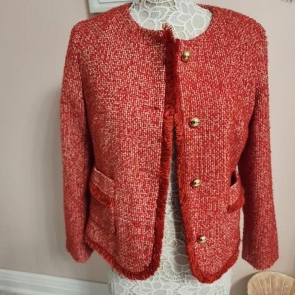 LKNW Red Tweed Fringe Blazer Jacket by Talbots Size  Beautiful 10 P - Picture 7 of 9